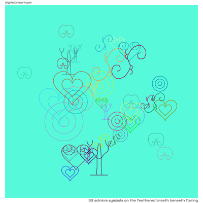 The Feathered Breath beneath Flaring — 39 Adinkra symbols