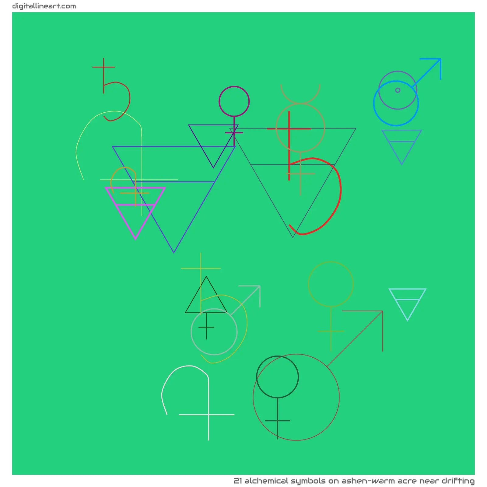 Ashen-warm Acre near Drifting — 21 alchemical symbols