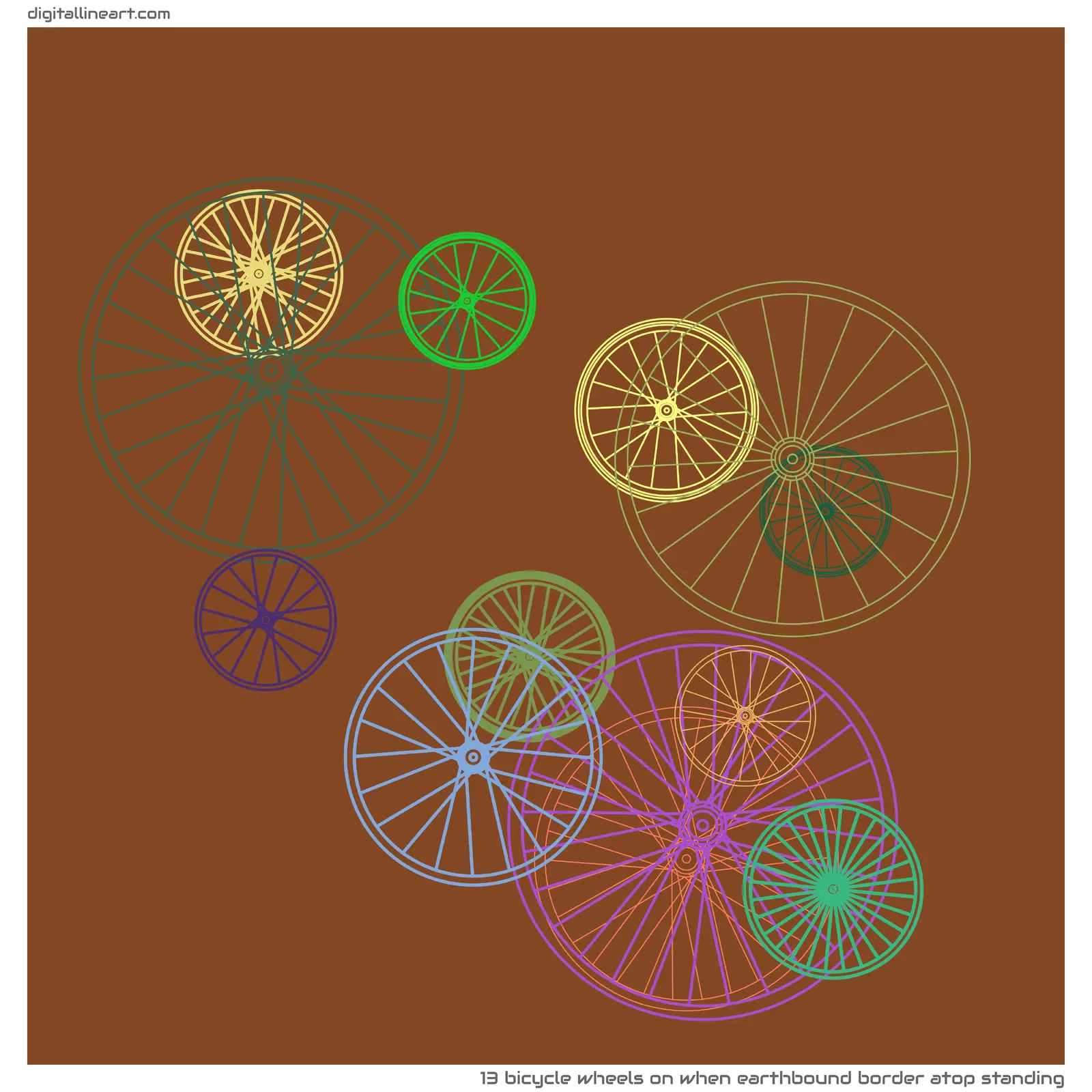 When Earthbound Border atop Standing — 13 bicycle wheels