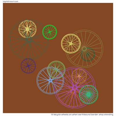 When Earthbound Border atop Standing — 13 bicycle wheels