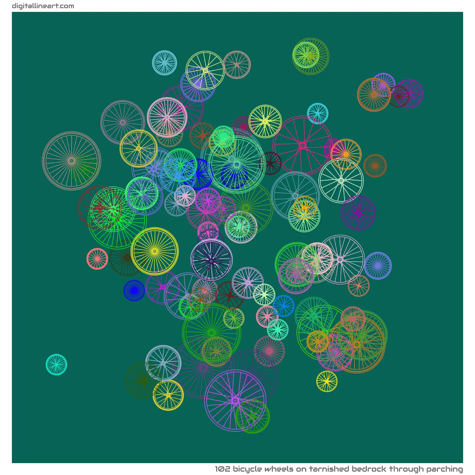 Tarnished Bedrock through Parching — 102 bicycle wheels