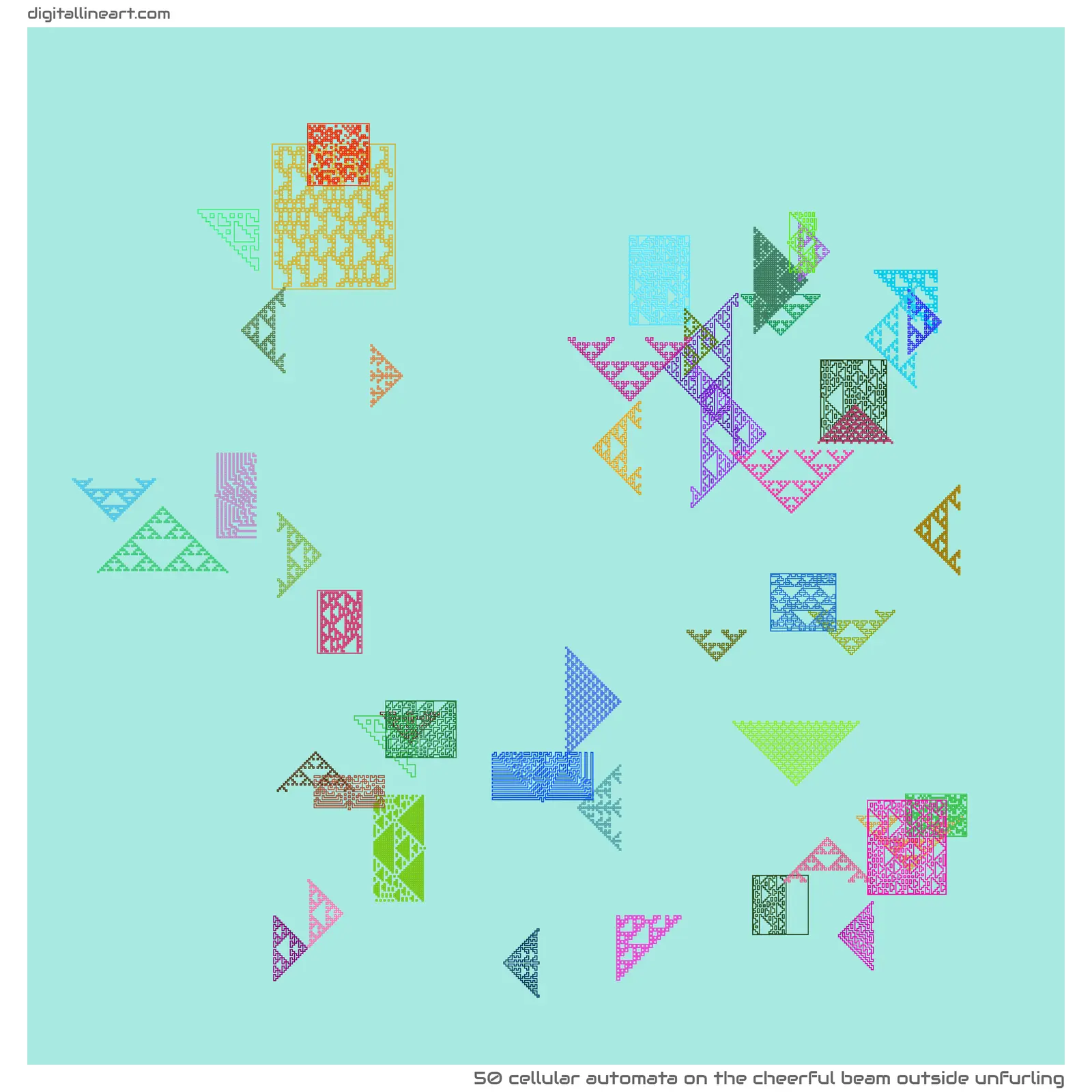 The Cheerful Beam outside Unfurling — Cellular Automata, 50 elements