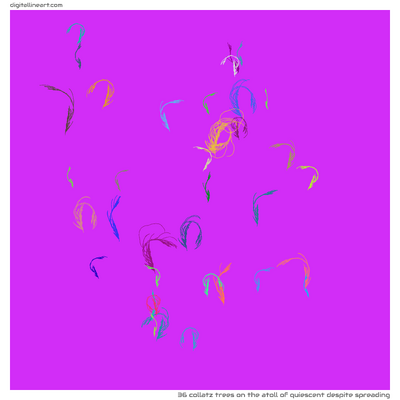 The Atoll of Quiescent despite Spreading — 36 collatz trees