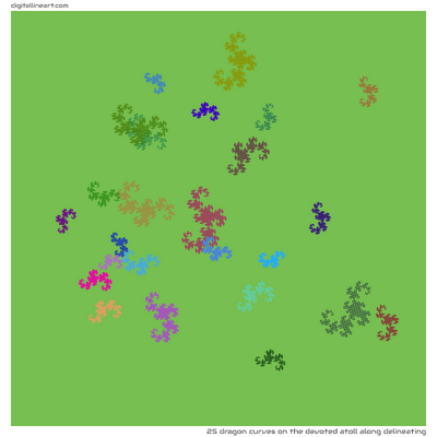The Devoted Atoll along Delineating — 25 dragon curves