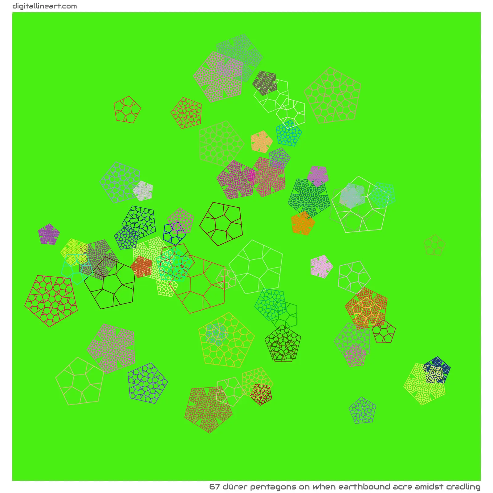 When Earthbound Acre amidst Cradling — 67 Dürer pentagons