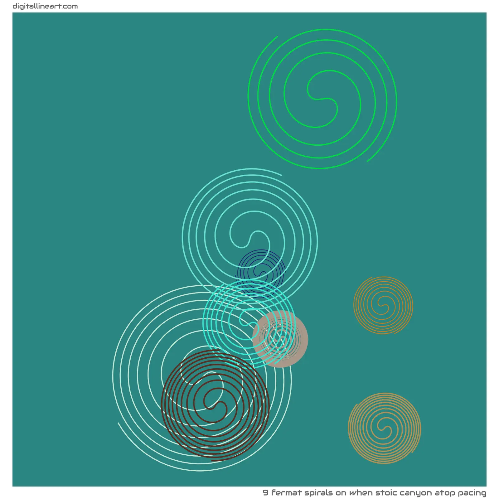 When Stoic Canyon atop Pacing — 9 Fermat spirals