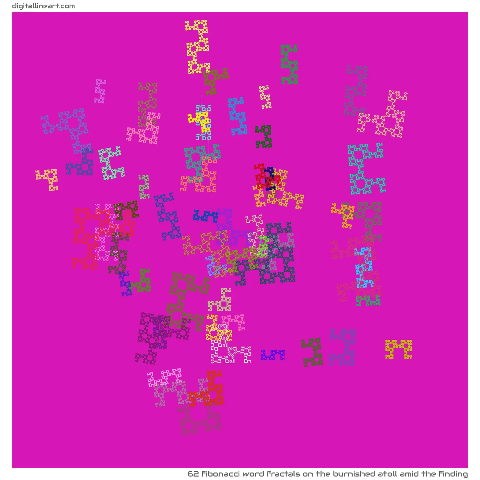 The Burnished Atoll amid the Finding — 62 Fibonacci word fractals