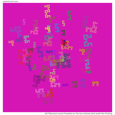 The Burnished Atoll amid the Finding — 62 Fibonacci word fractals