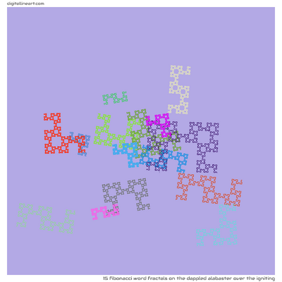 The Dappled Alabaster over the Igniting — 15 Fibonacci word fractals