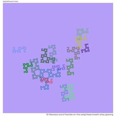 The Weightless Breath atop Glowing — 15 Fibonacci word fractals