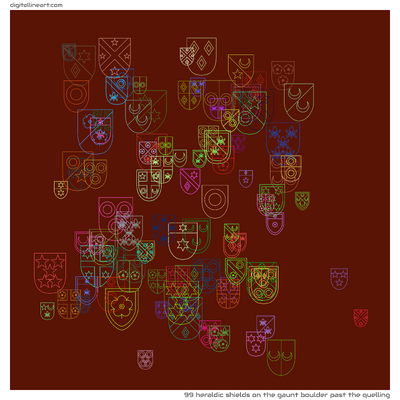 The Gaunt Boulder past the Quelling — 99 heraldic shields