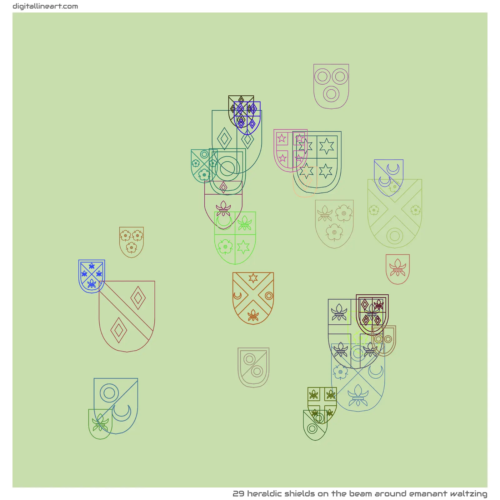 The Beam Around Emanant Waltzing — 29 heraldic shields