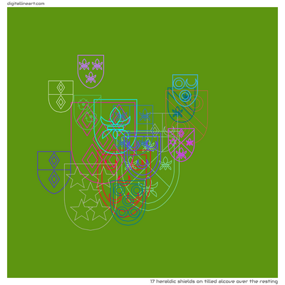 Tilled Alcove over the Resting — 17 heraldic shields
