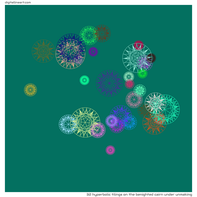 The Benighted Cairn under Unmaking — 32 hyperbolic tilings