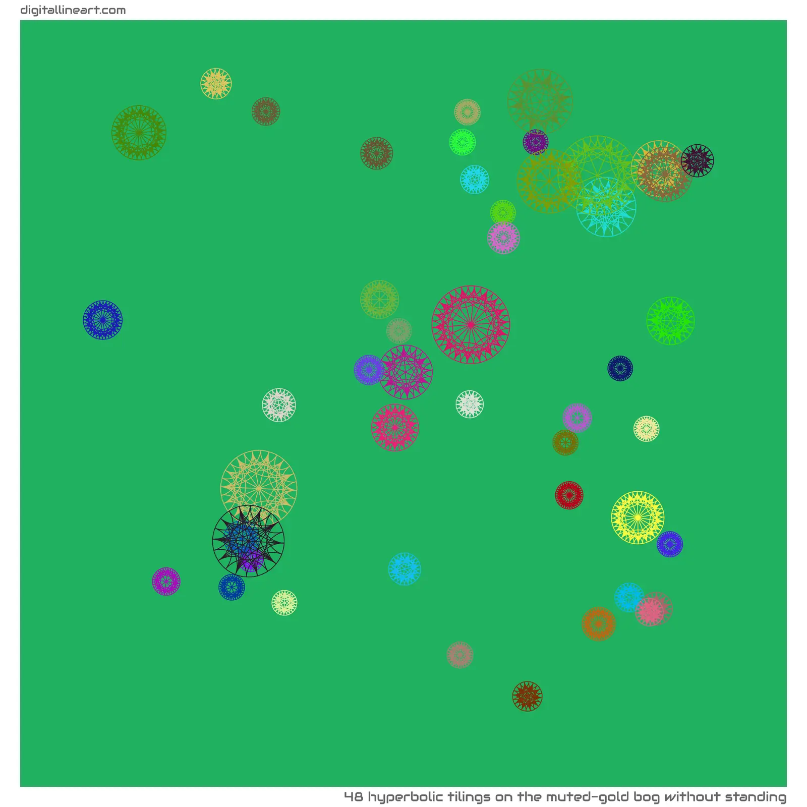 The Muted-gold Bog without Standing — 48 hyperbolic tilings