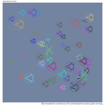 The Contemplative Alcove past Circling — 50 Mandelbrot outlines