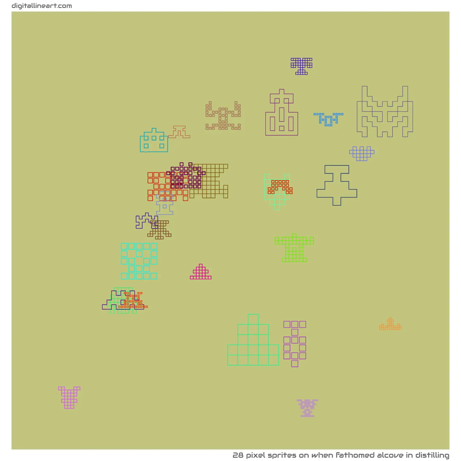 When Fathomed Alcove in Distilling — 28 pixel sprites
