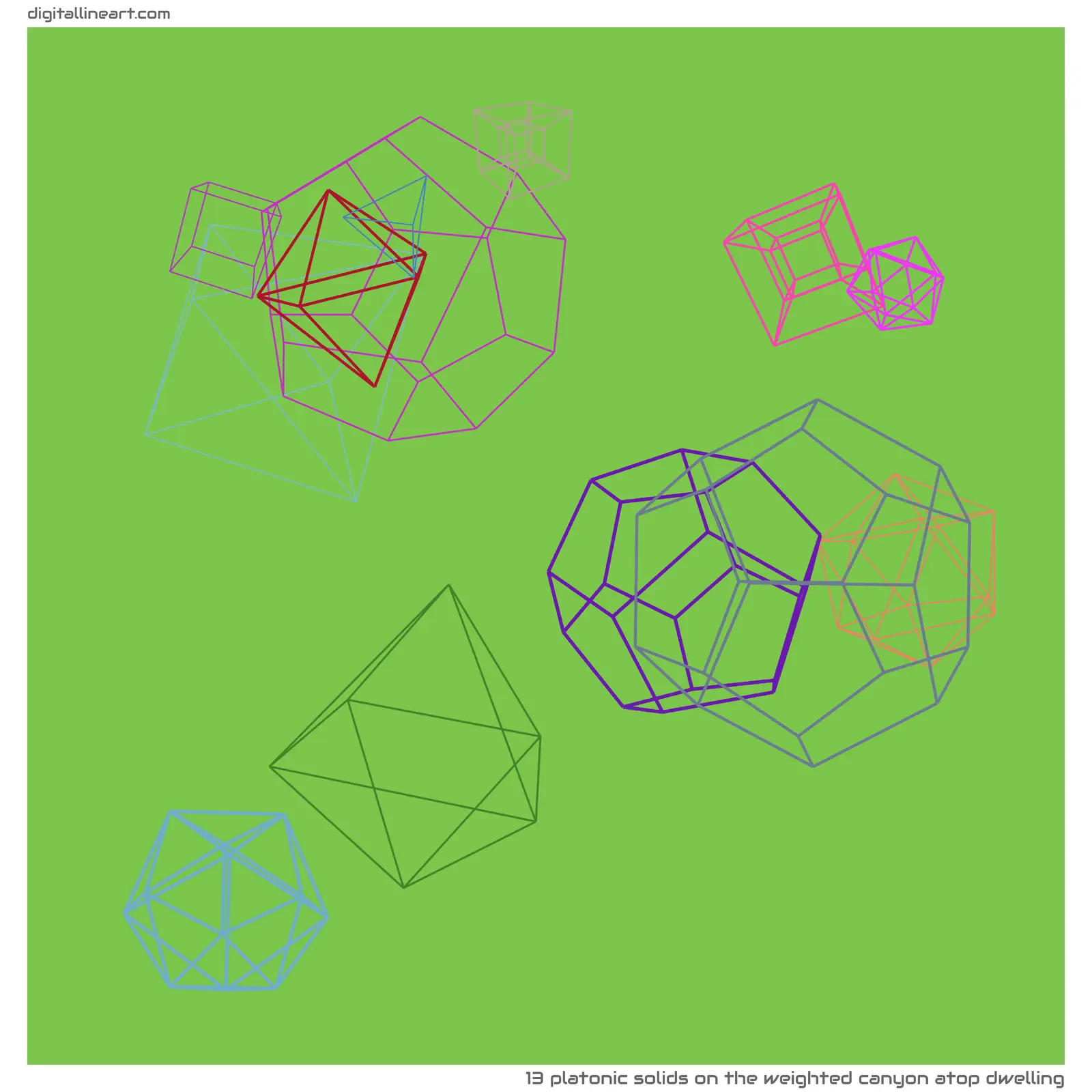 The Weighted Canyon atop Dwelling — 13 Platonic solids