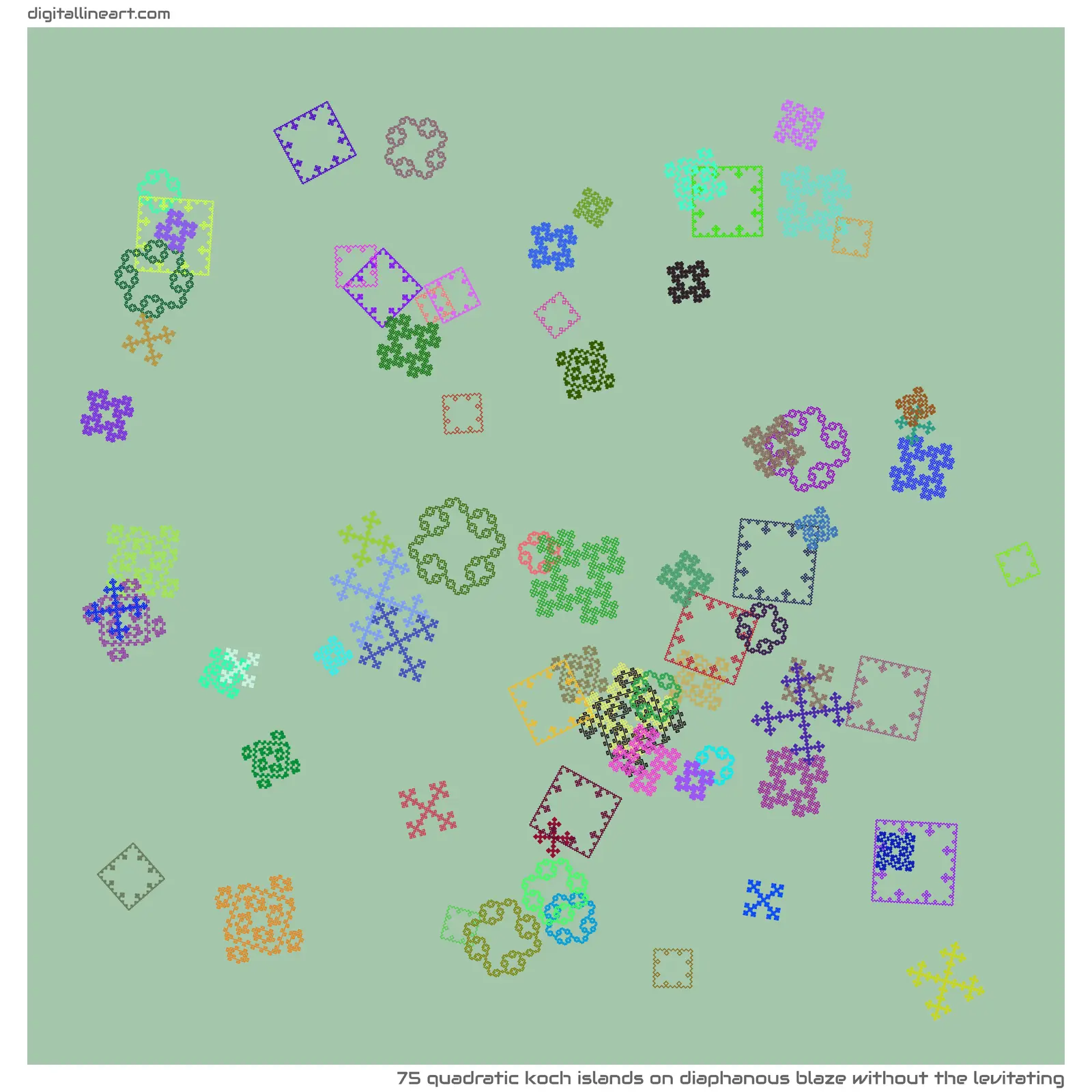 Diaphanous Blaze without the Levitating — 75 quadratic Koch islands