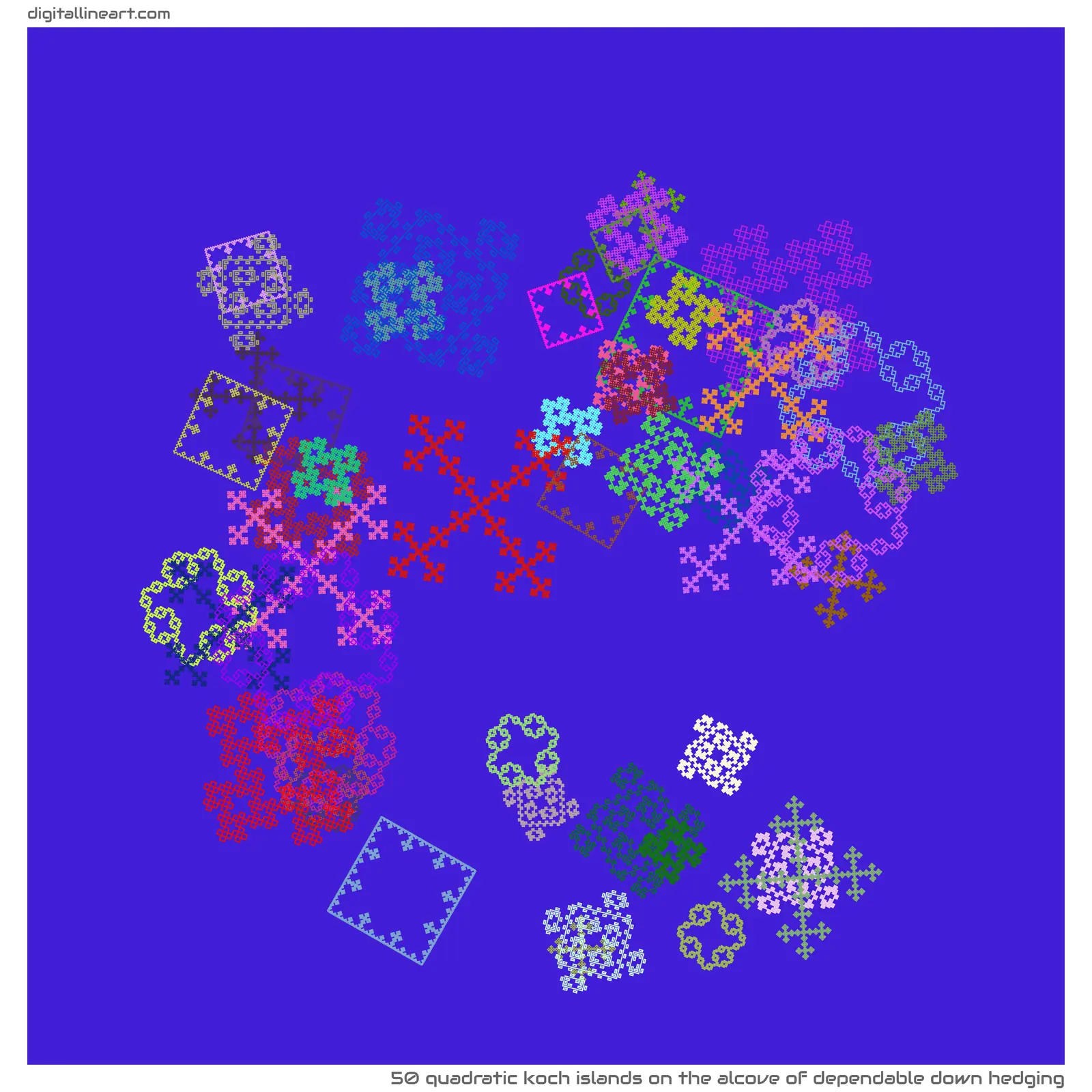 The Alcove of Dependable down Hedging — 50 quadratic Koch islands