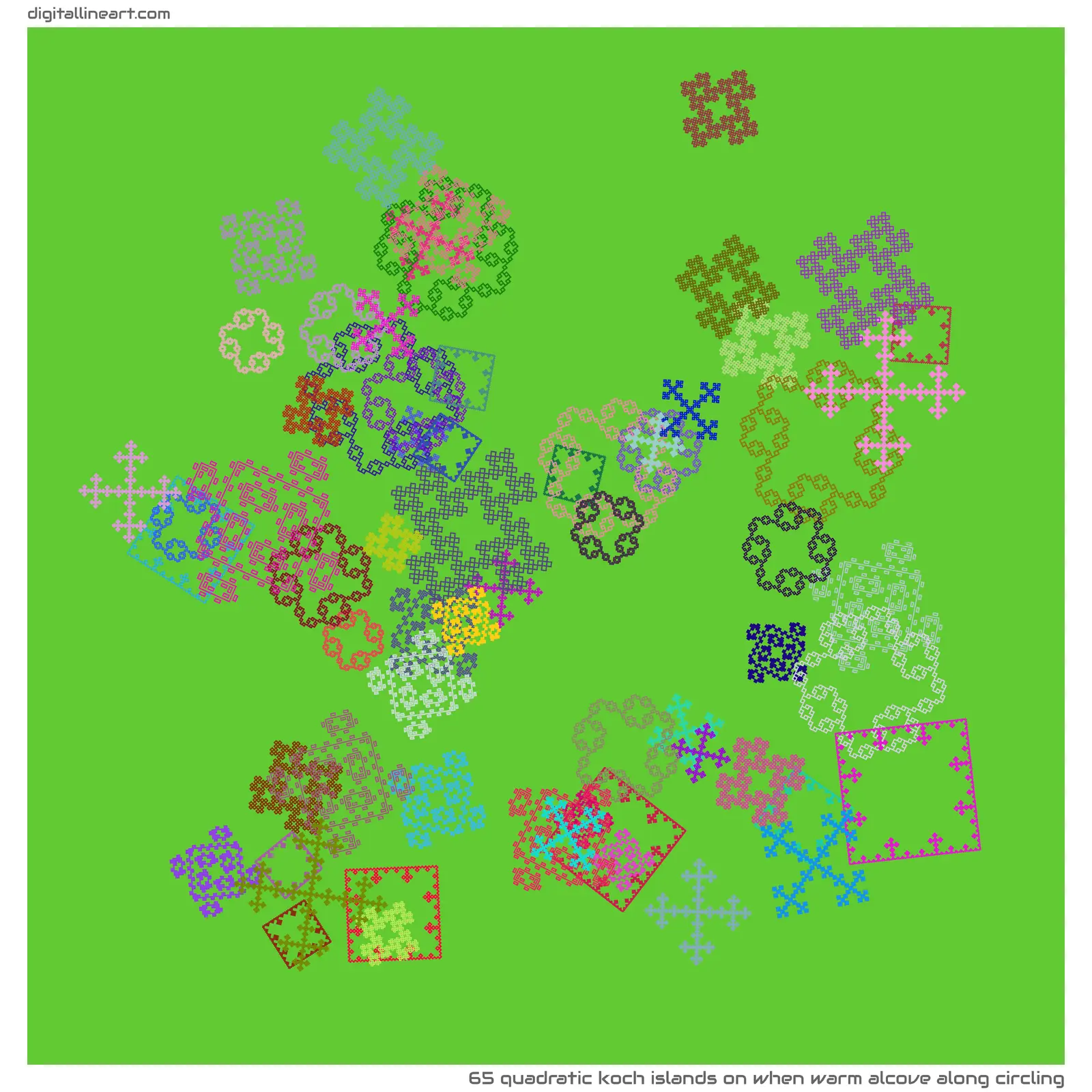 When Warm Alcove along Circling — 65 quadratic Koch islands