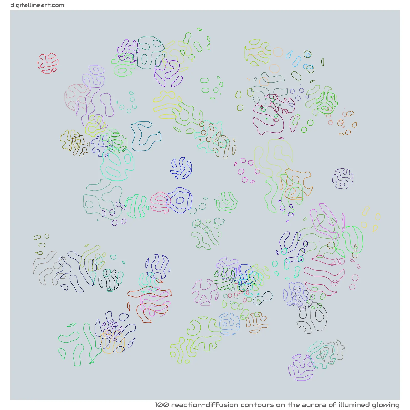 The Aurora of Illumined Glowing — 100 reaction-diffusion contours