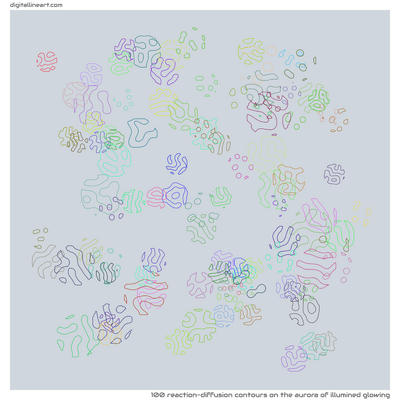 The Aurora of Illumined Glowing — 100 reaction-diffusion contours
