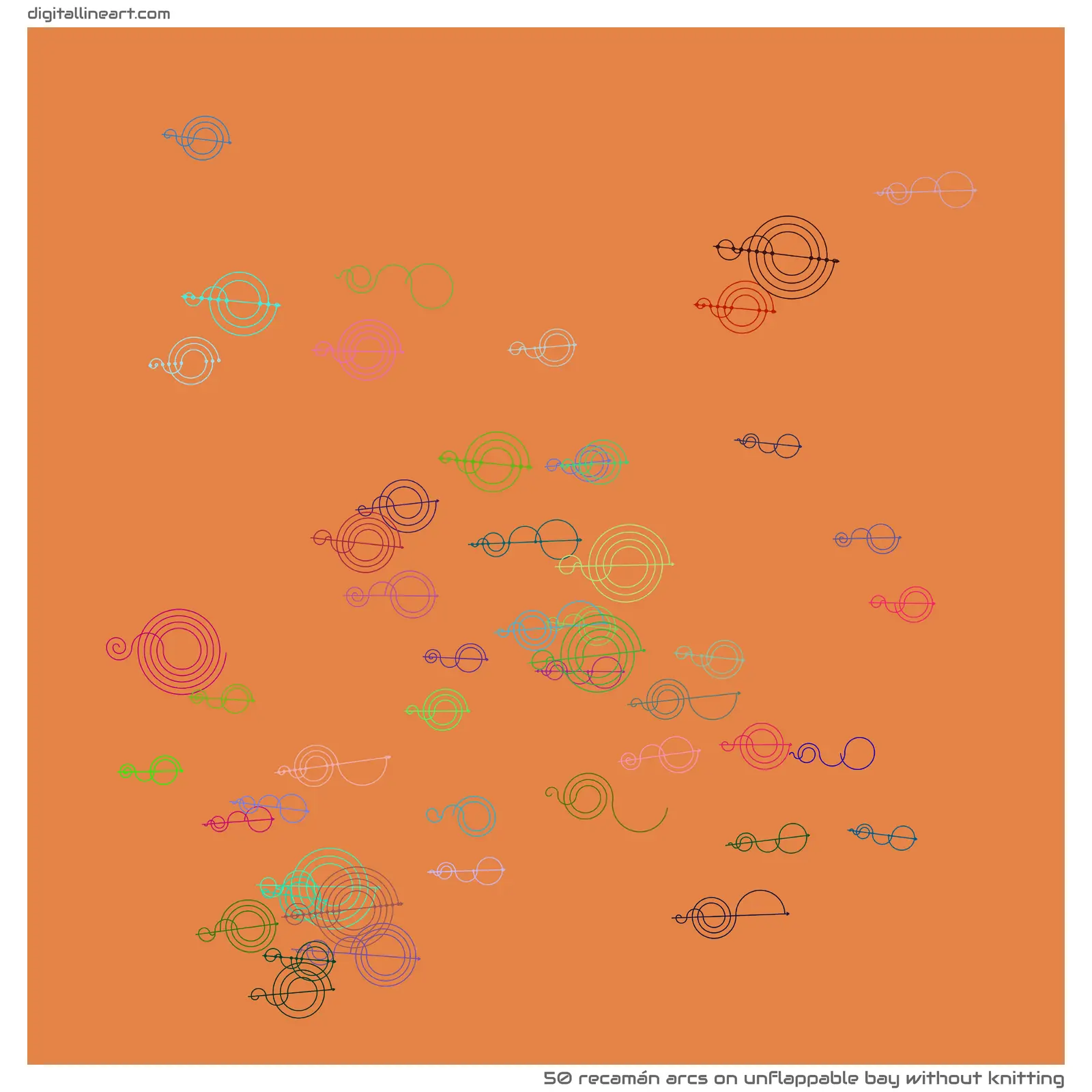Unflappable Bay without Knitting — 50 recamán arcs