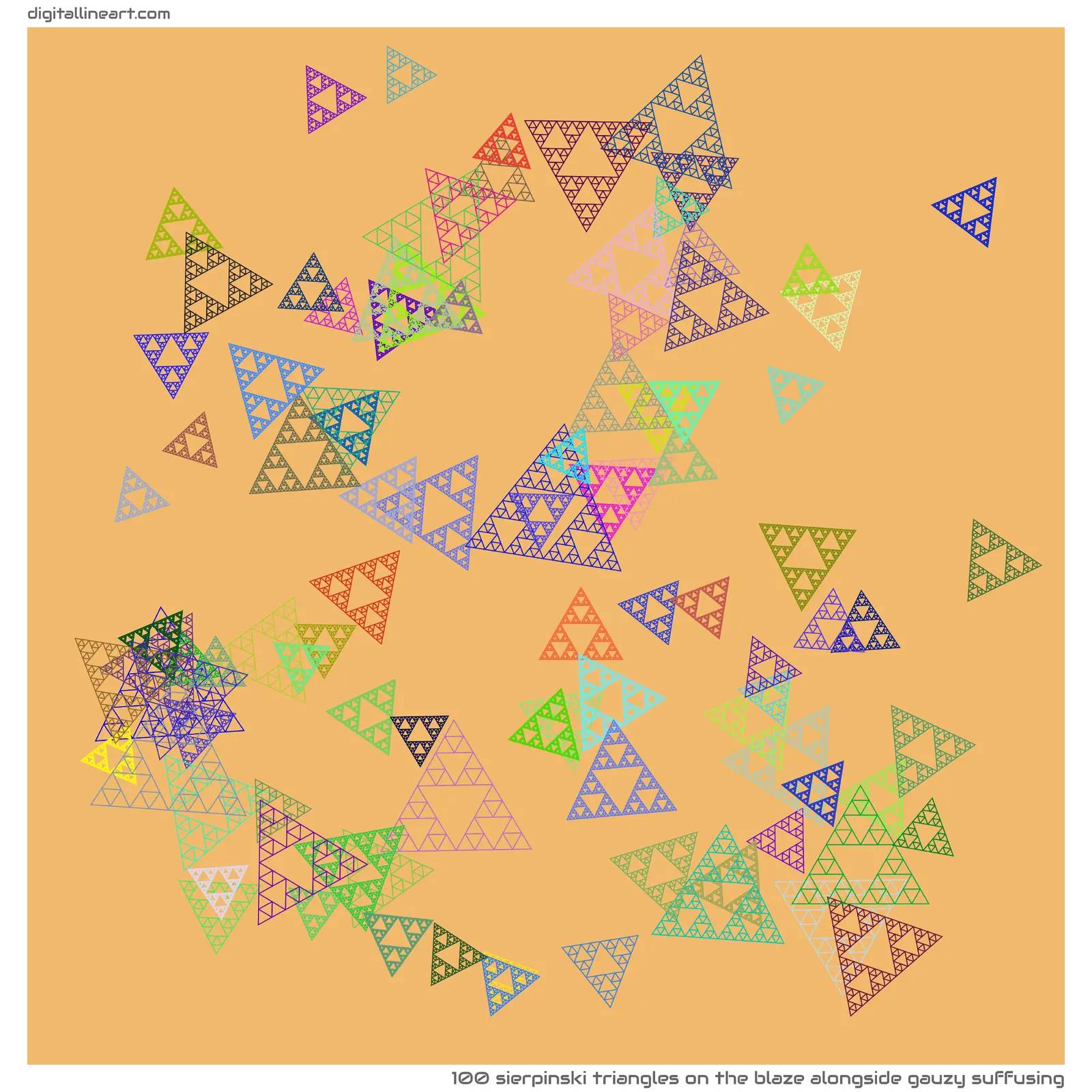 The Blaze alongside Gauzy Suffusing — 100 Sierpinski triangles
