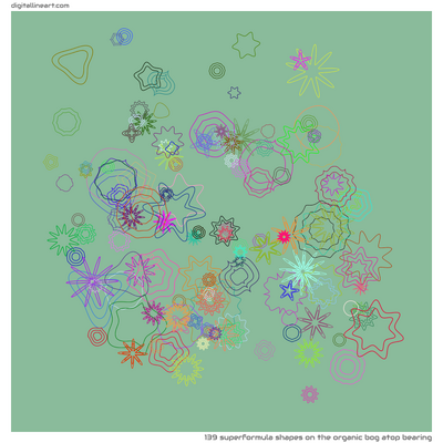 The Organic Bog atop Bearing — 139 superformula shapes