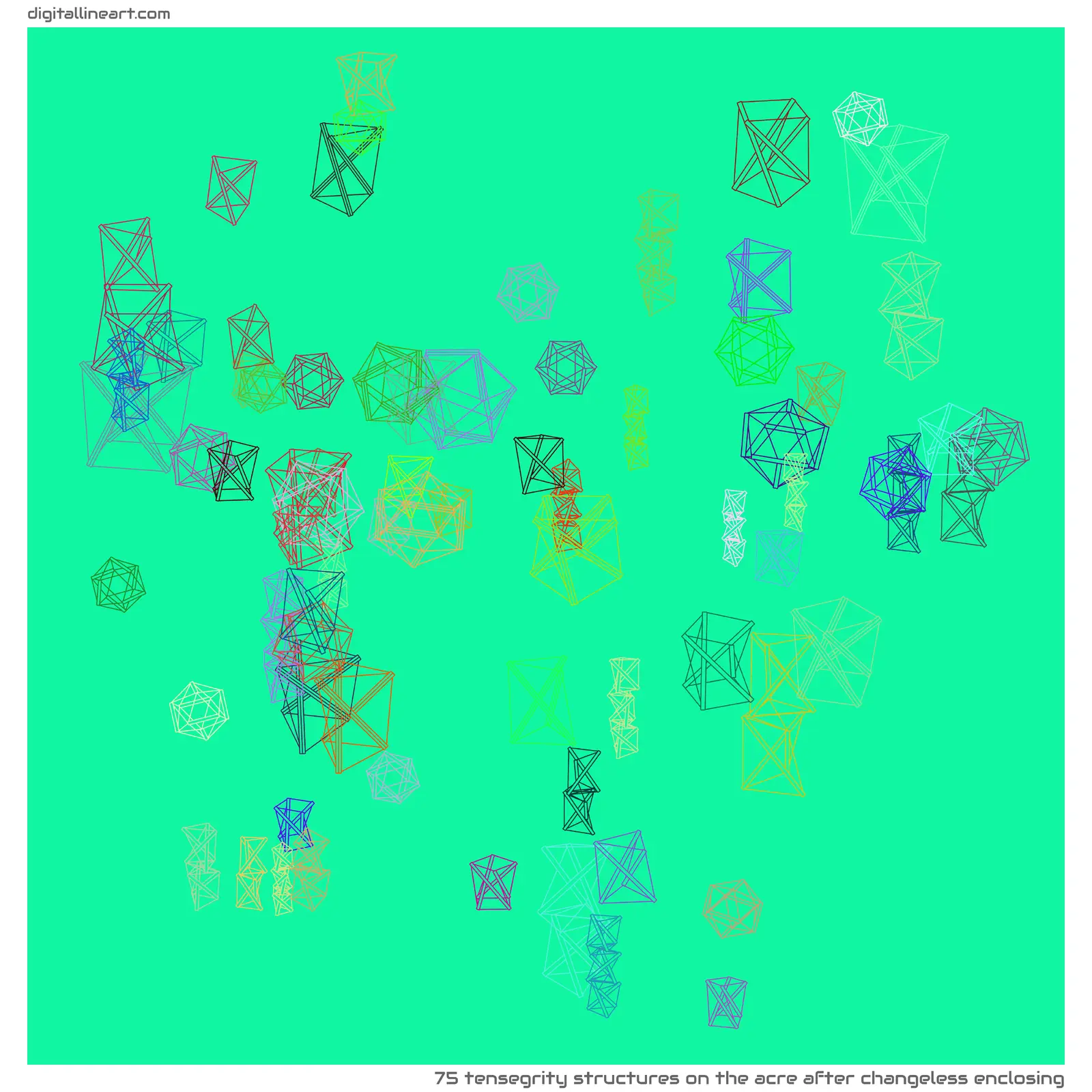 The Acre after Changeless Enclosing — 75 tensegrity structures