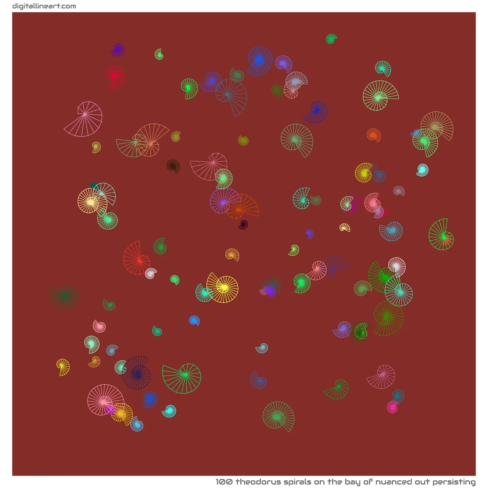 The Bay of Nuanced out Persisting — 100 Theodorus spirals