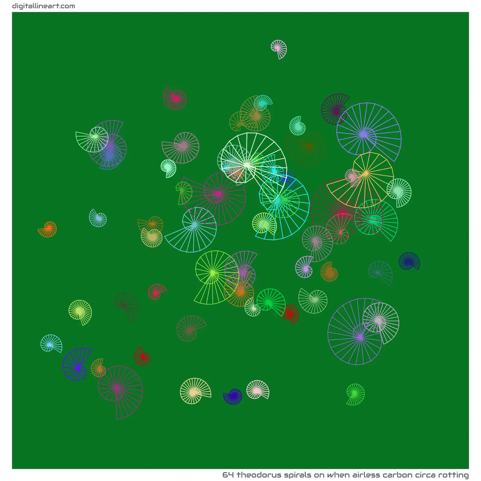 When Airless Carbon circa Rotting — 64 Theodorus spirals