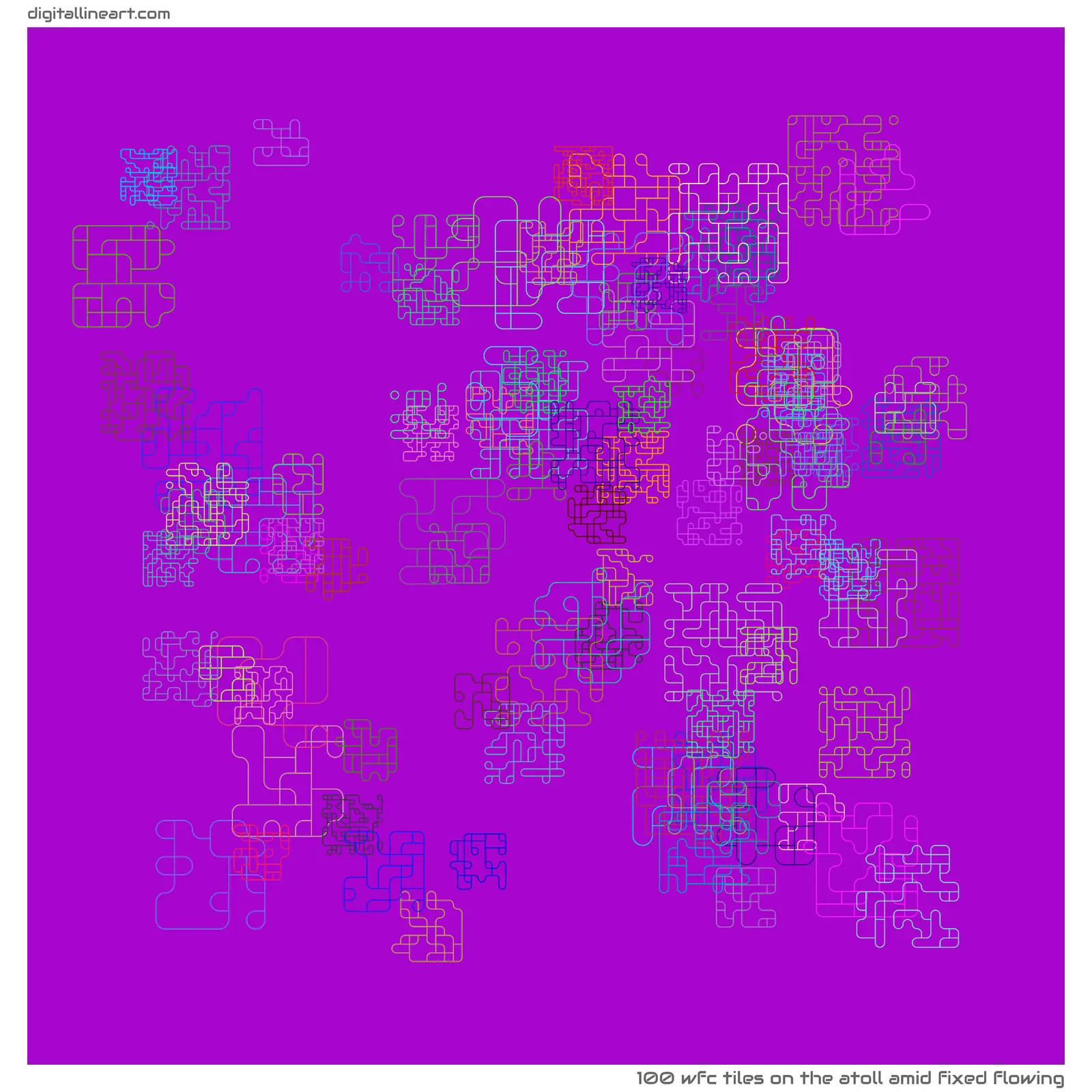 The Atoll amid Fixed Flowing — 100 WFC tiles