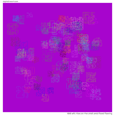 The Atoll amid Fixed Flowing — 100 WFC tiles
