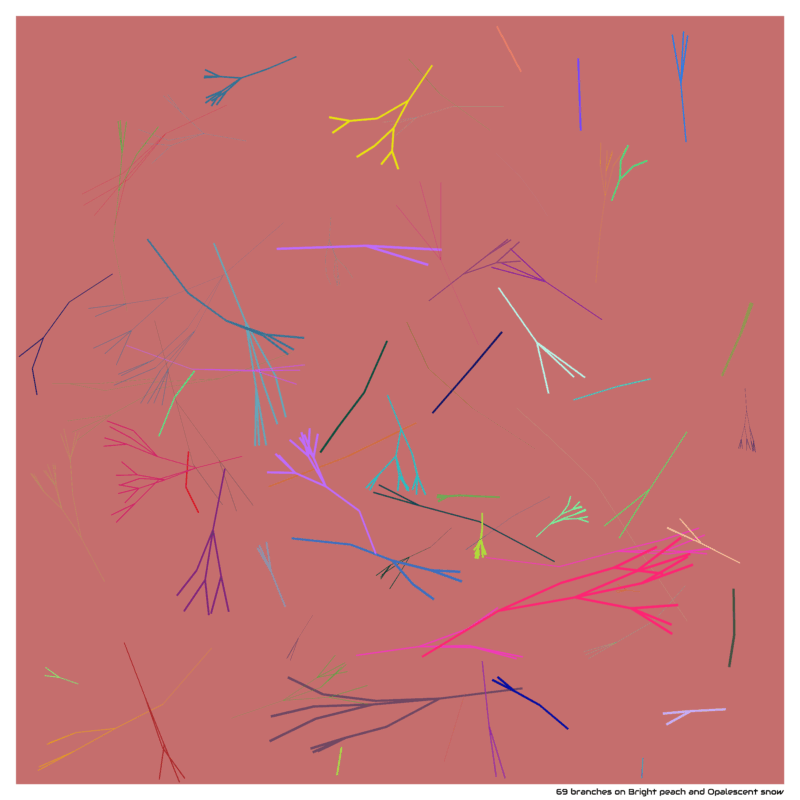 69 branches on Bright peach and Opalescent snow