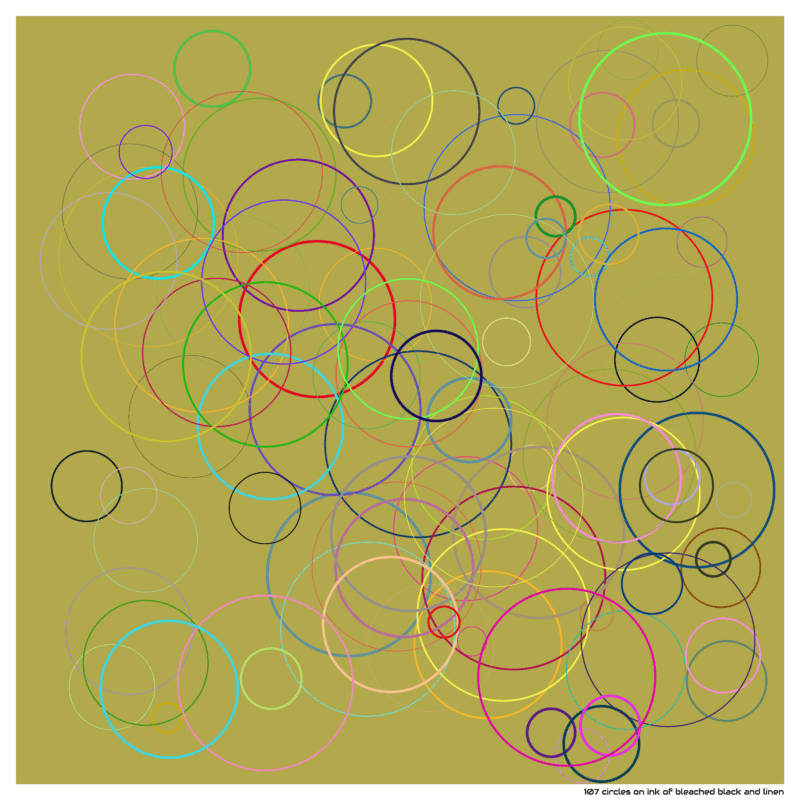 107 circles on ink of bleached black and linen