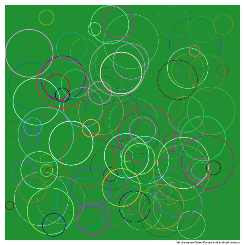 119 circles on faded forest and stained crimson