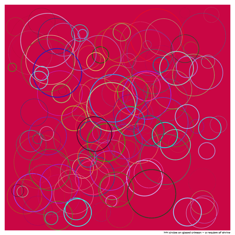 144 circles on glazed crimson — a requiem of shrine