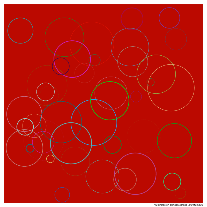 42 circles on crimson across velvety navy