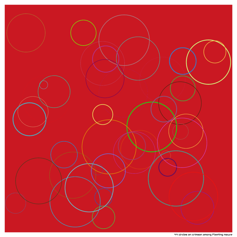 44 circles on crimson among Fleeting mauve