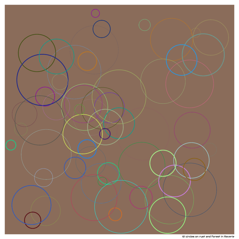 61 circles on rust and forest in Reverie