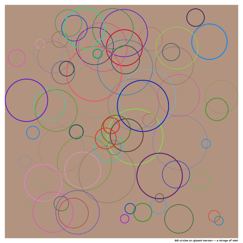 80 circles on glazed maroon — a mirage of mist