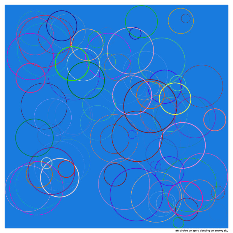 86 circles on spire dancing on smoky sky