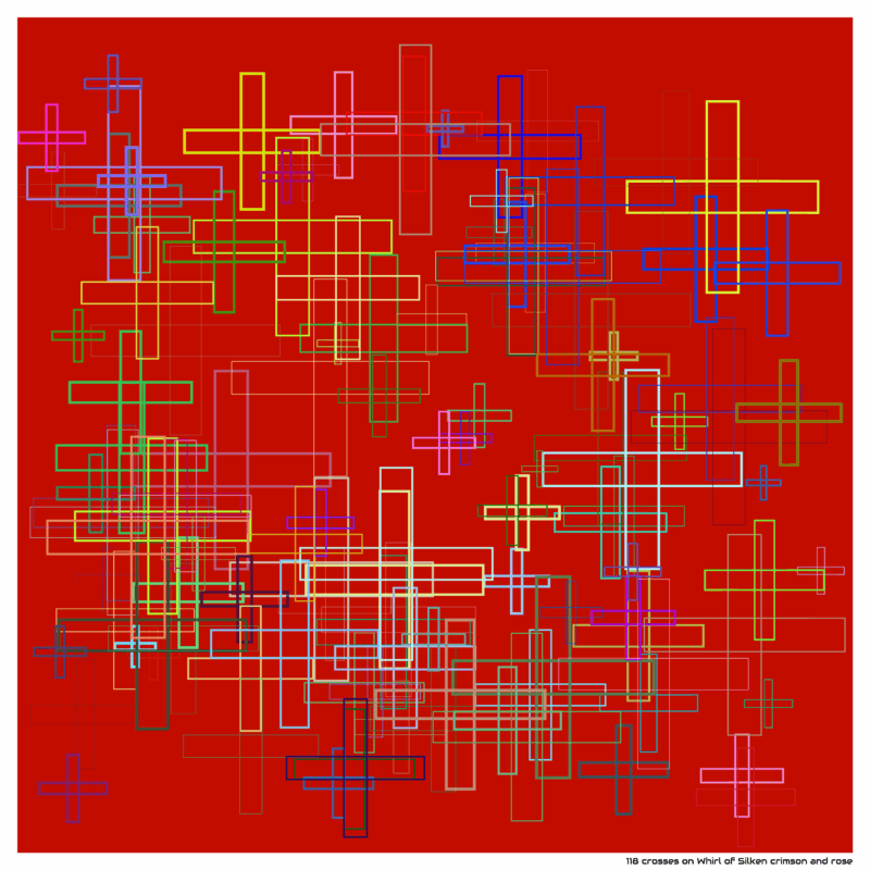 118 crosses on Whirl of Silken crimson and rose