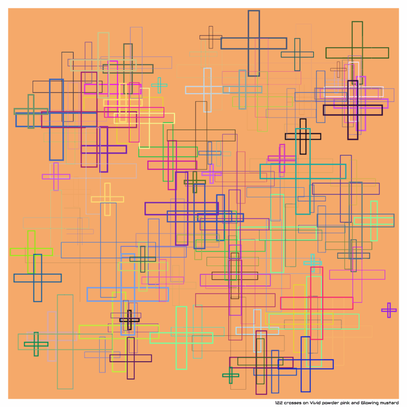 122 crosses on Vivid powder pink and Glowing mustard