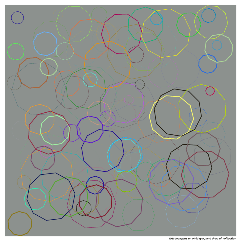102 decagons on vivid gray and drop of reflection