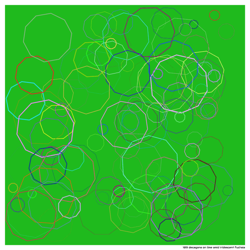 109 decagons on lime amid Iridescent fuchsia