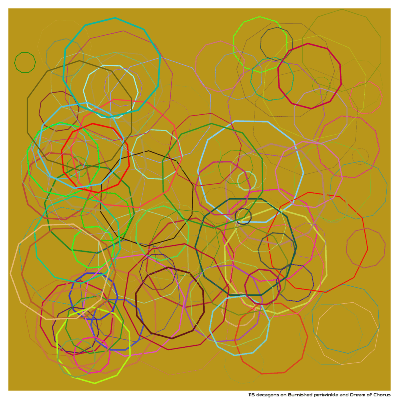 115 decagons on Burnished periwinkle and Dream of Chorus