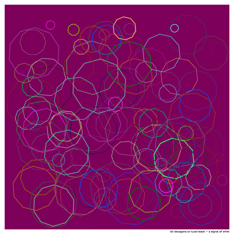 121 decagons on lucid black — a signal of whim
